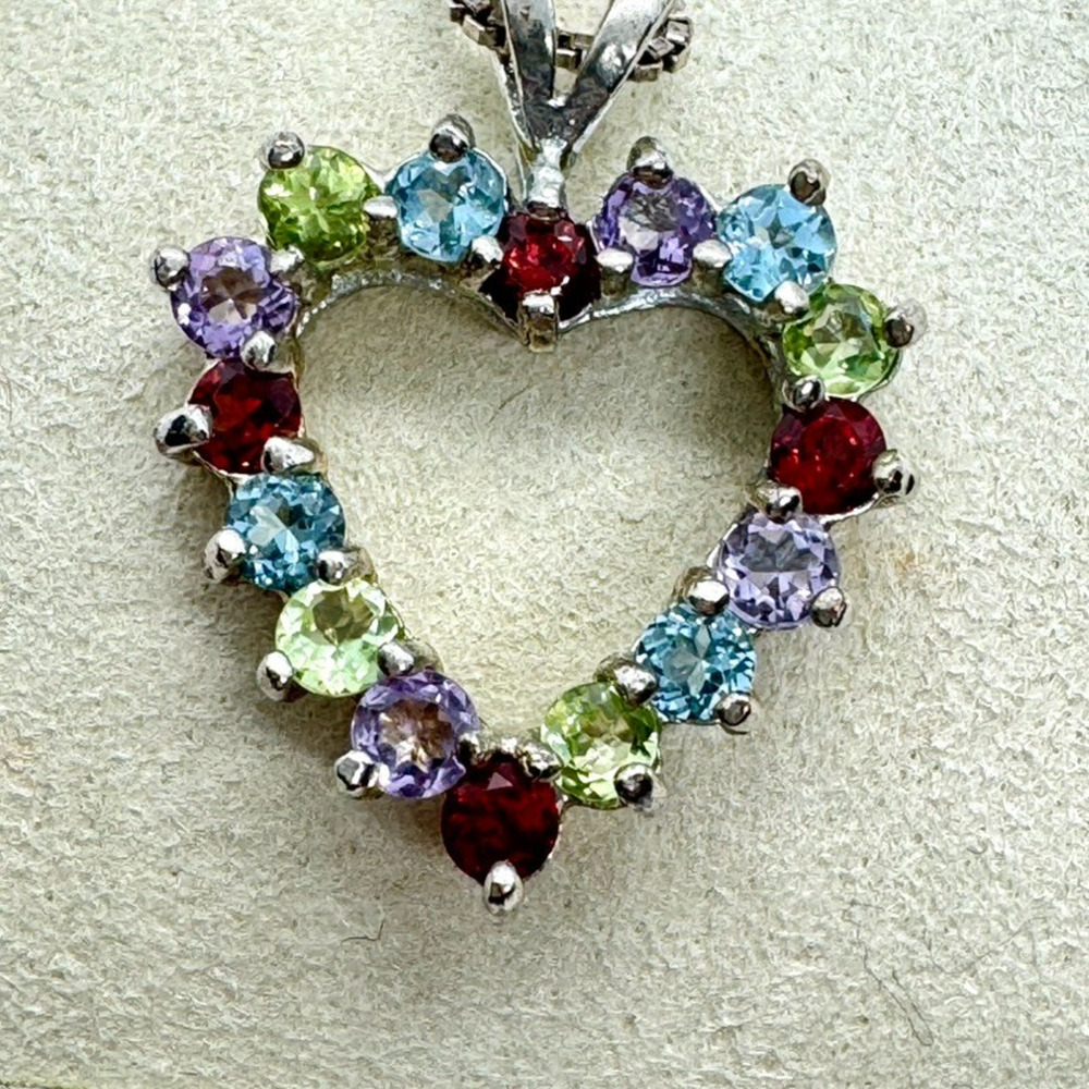 Gemstone Heart Necklace 925 Sterling Silver Italy DBJ 17" Peridot Topaz Amethyst